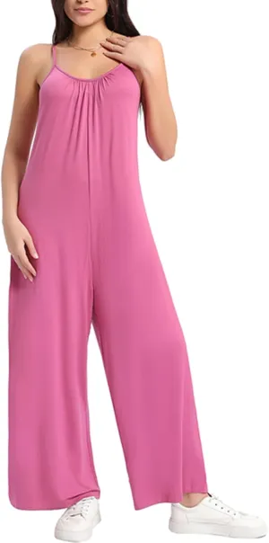 Womens Summer Loose Sleeveless Adjustable Spaghetti Strap Stretchy Jumpsuits with Pockets Long Pants Wide Leg Rompers