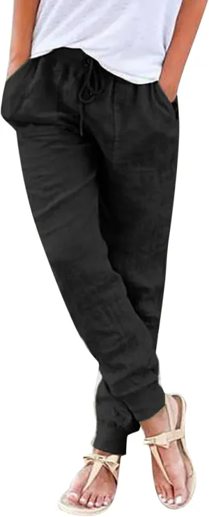 Womens Tapered Pants Casual Cotton Linen Pants Elastic Waist Linen Joggers Drawstring Pants with Pockets Trousers