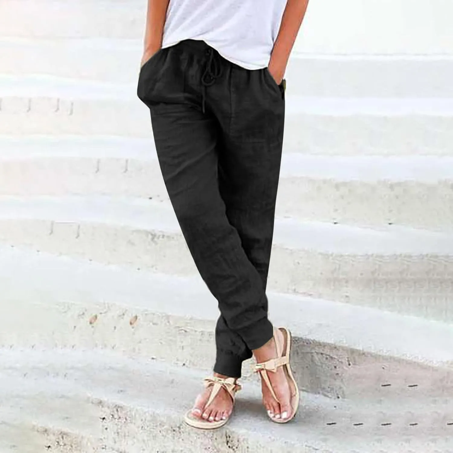 Womens Tapered Pants Casual Cotton Linen Pants Elastic Waist Linen Joggers Drawstring Pants with Pockets Trousers