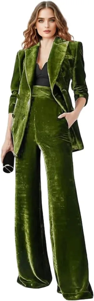 Womens Velvet Suit 2 PC Double Breasted Pants Suit Peak Lapel Formal Suit Womens Business Suits