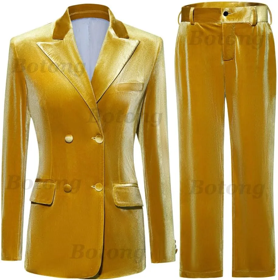 Womens Velvet Suit 2 PC Double Breasted Pants Suit Peak Lapel Formal Suit Womens Business Suits