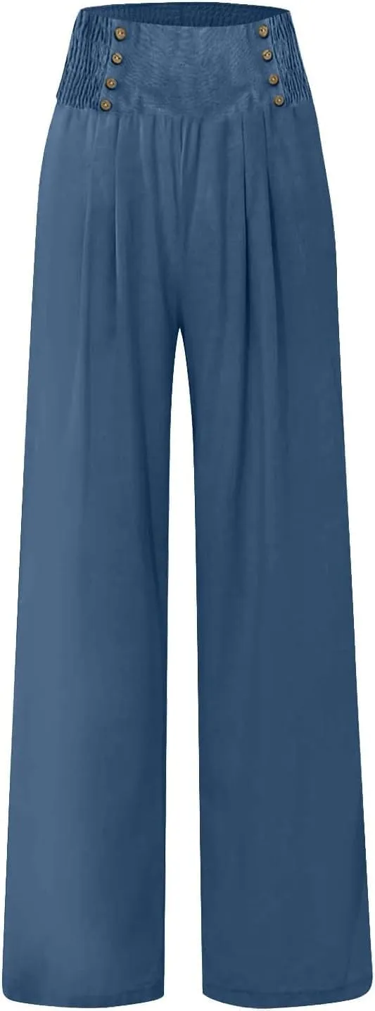 Women's Wide-Leg Cotton and Linen Loose Trousers Summer Boho Palazzo Pants Daily Casual Lounge Beach Travel Pant