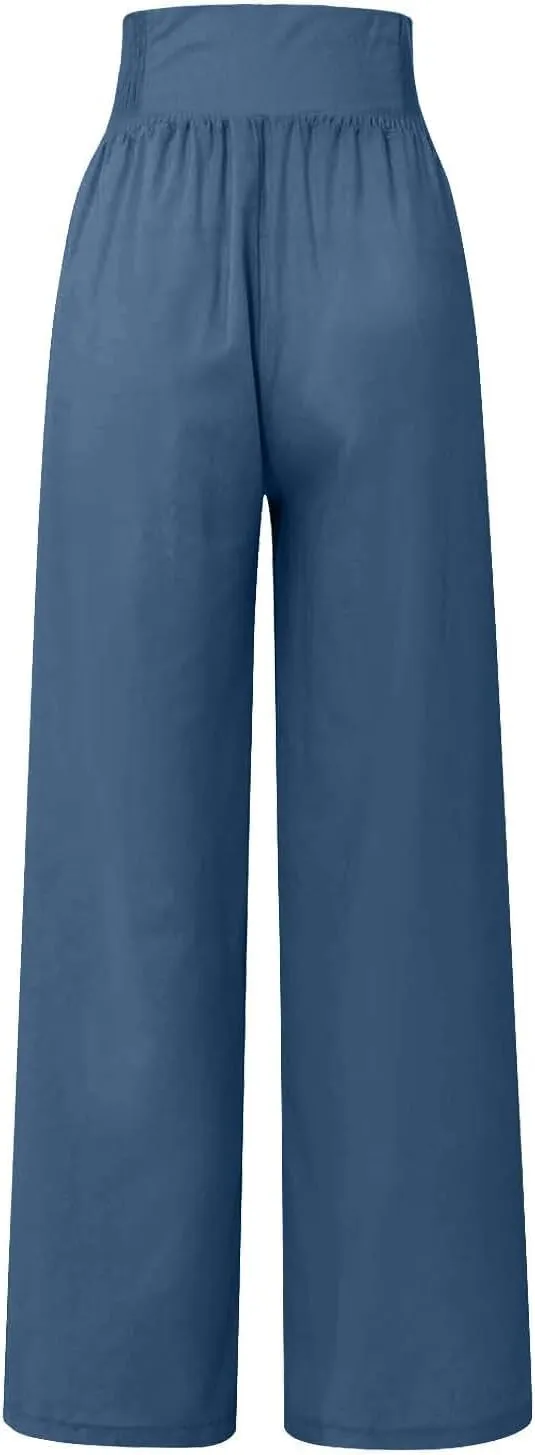 Women's Wide-Leg Cotton and Linen Loose Trousers Summer Boho Palazzo Pants Daily Casual Lounge Beach Travel Pant