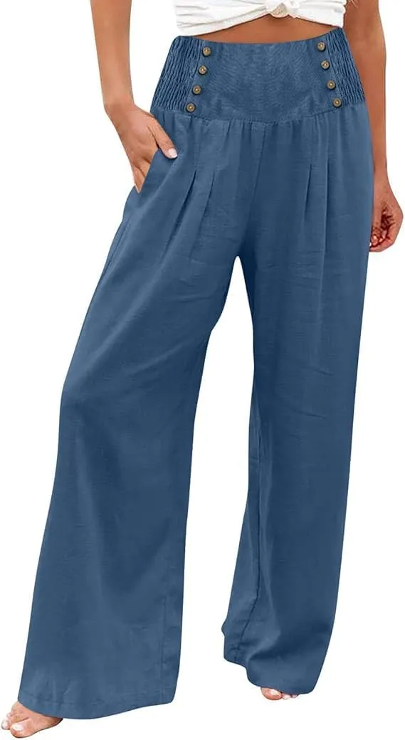 Women's Wide-Leg Cotton and Linen Loose Trousers Summer Boho Palazzo Pants Daily Casual Lounge Beach Travel Pant