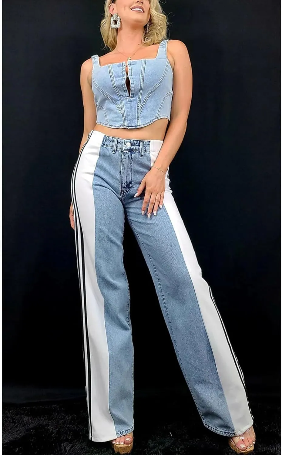Women's Wide Leg Jeans High Waisted Stretch Patchwork Color Block Stripes Loose Straight Baggy Denim Pants