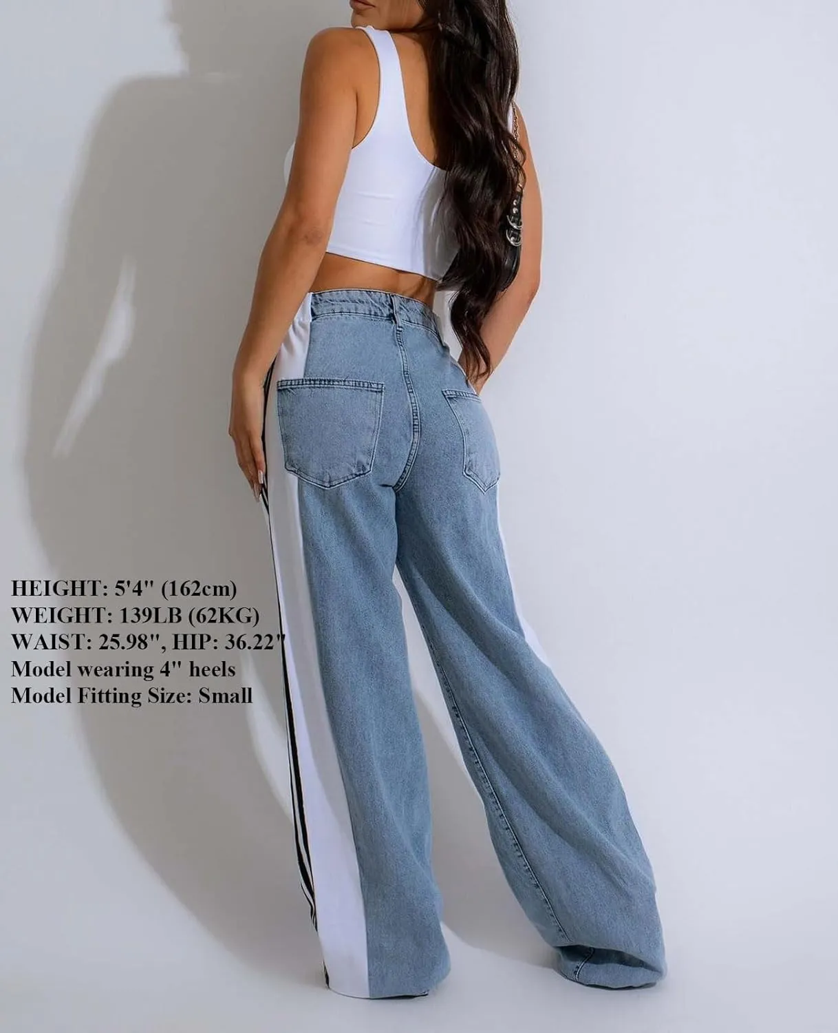 Women's Wide Leg Jeans High Waisted Stretch Patchwork Color Block Stripes Loose Straight Baggy Denim Pants