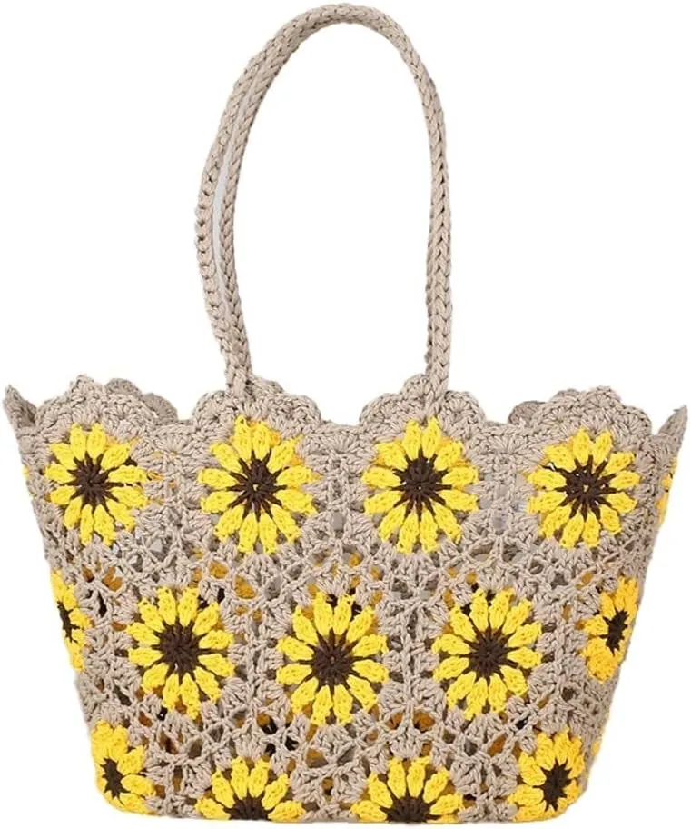 Woven Tote Bag for Women Large Capacity Summer Crocheted Flower Beach Bag Woven Shoulder Bag Well made