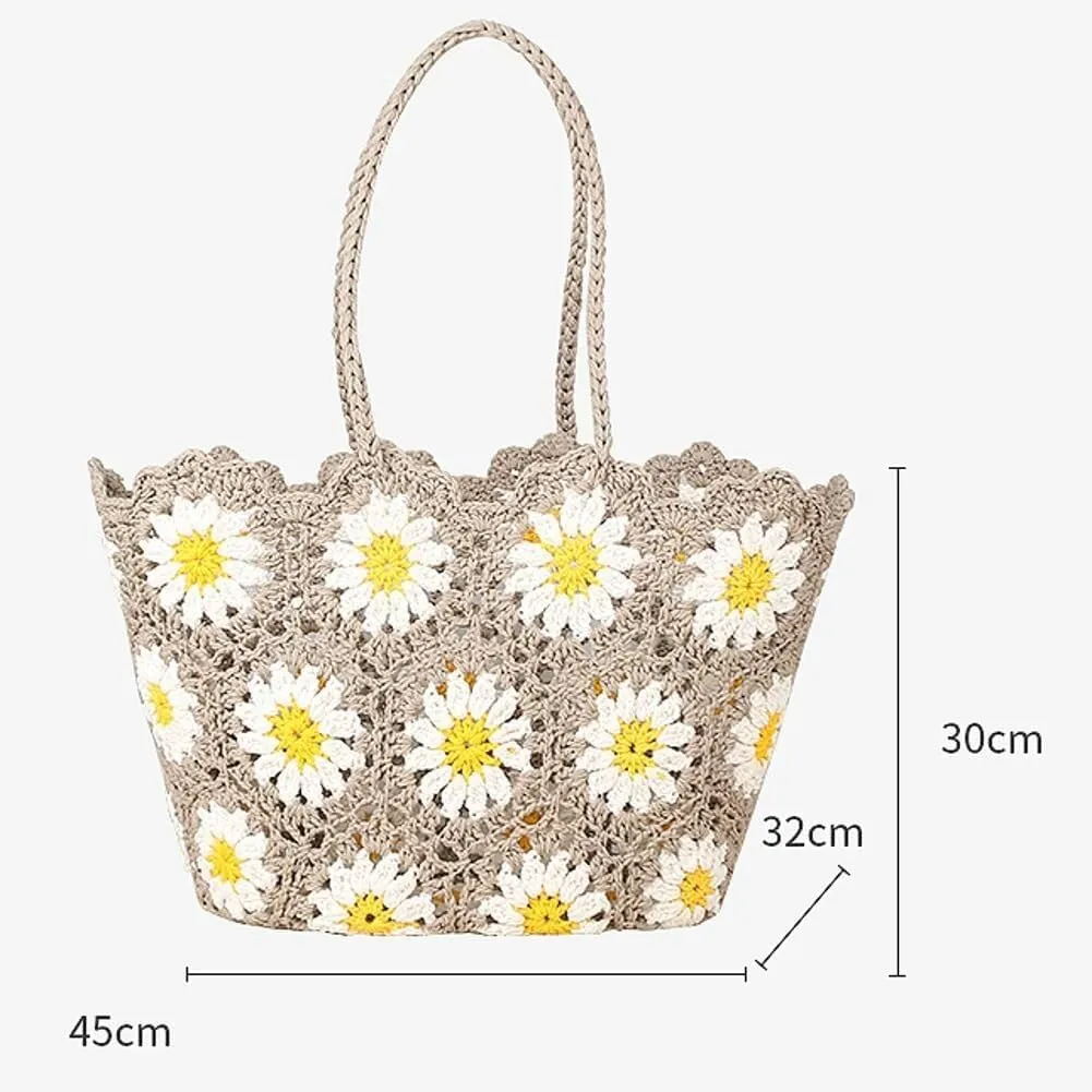 Woven Tote Bag for Women Large Capacity Summer Crocheted Flower Beach Bag Woven Shoulder Bag Well made
