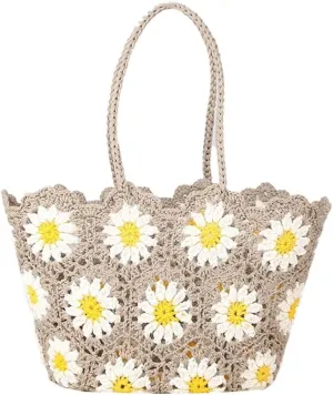 Woven Tote Bag for Women Large Capacity Summer Crocheted Flower Beach Bag Woven Shoulder Bag Well made
