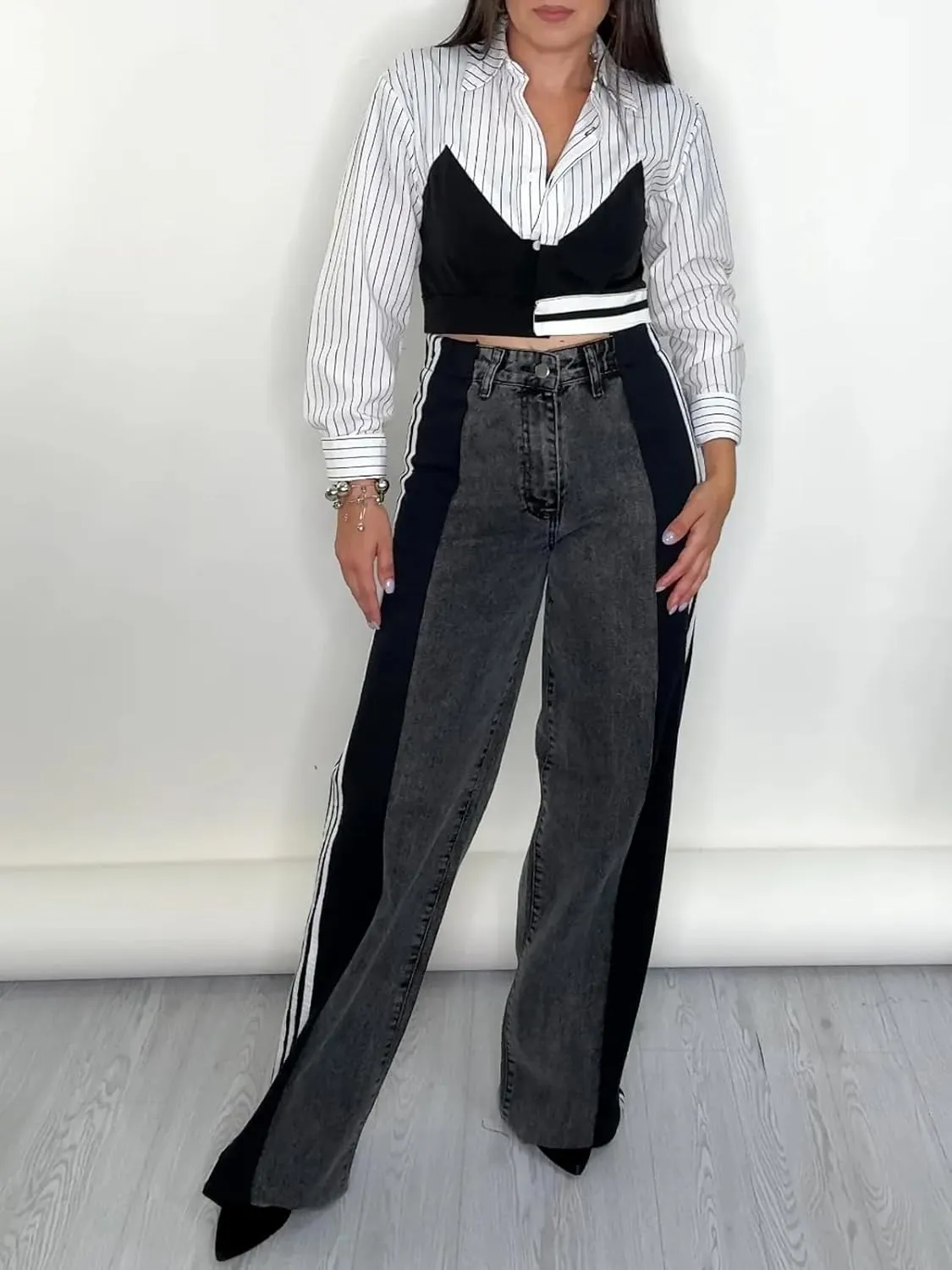 XZLUFNY Women's Jeans Two Tone Patchwork Striped Denim Pant Color Block Straight Wide Leg Trousers