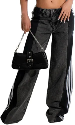 XZLUFNY Women's Jeans Two Tone Patchwork Striped Denim Pant Color Block Straight Wide Leg Trousers