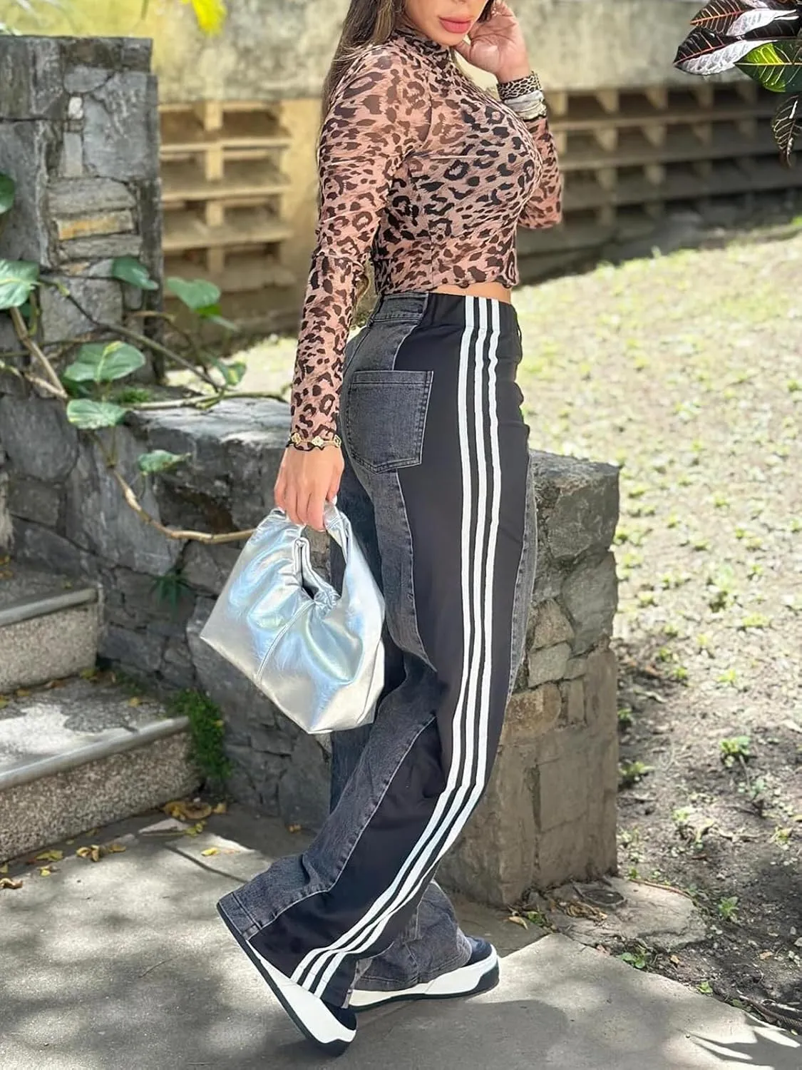 XZLUFNY Women's Jeans Two Tone Patchwork Striped Denim Pant Color Block Straight Wide Leg Trousers