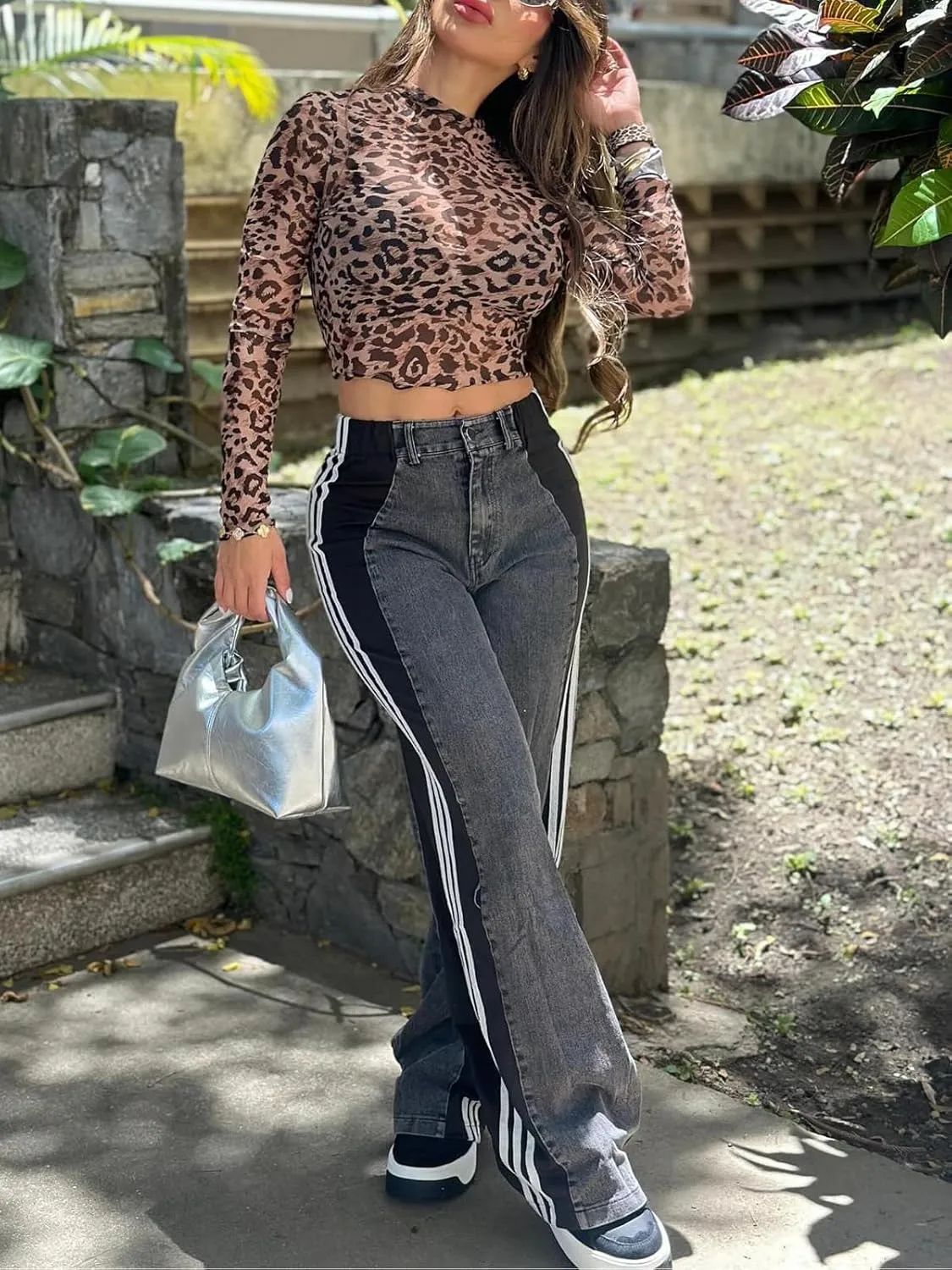 XZLUFNY Women's Jeans Two Tone Patchwork Striped Denim Pant Color Block Straight Wide Leg Trousers