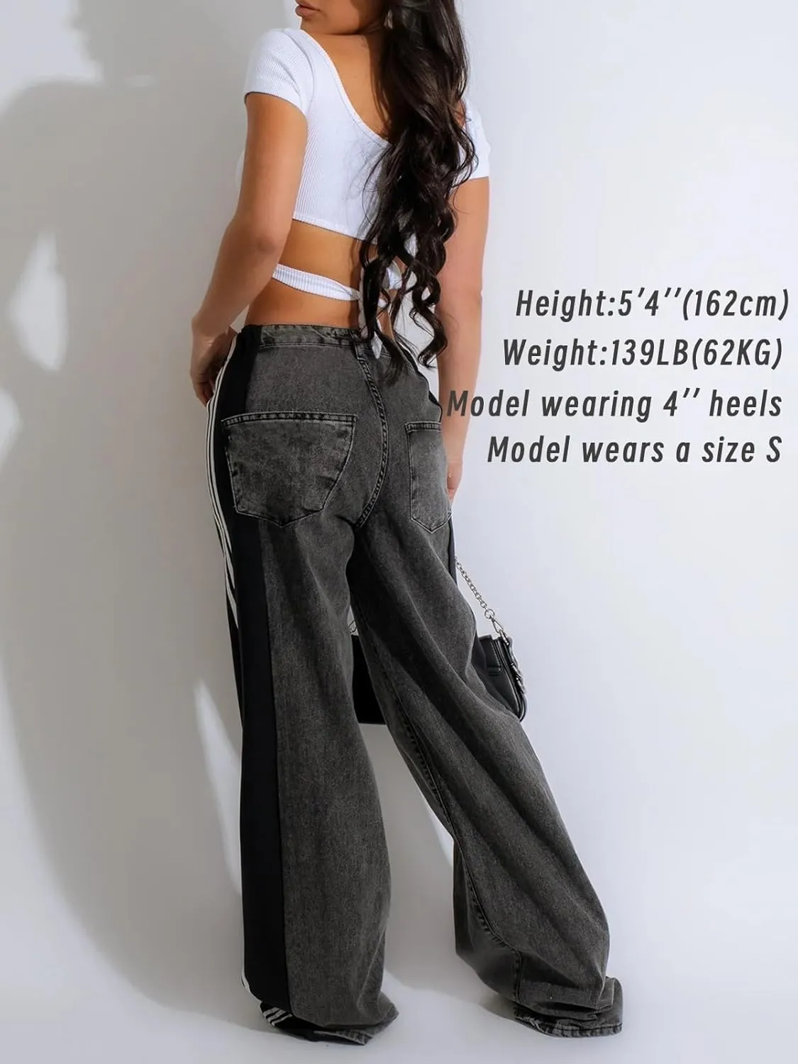 XZLUFNY Women's Jeans Two Tone Patchwork Striped Denim Pant Color Block Straight Wide Leg Trousers