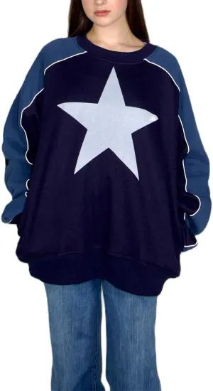 Y2k Oversized Sweatshirt for Women Vintage Star Graphic Hoodies Tops Crew Neck Striped Aesthetic Pullover Sweater