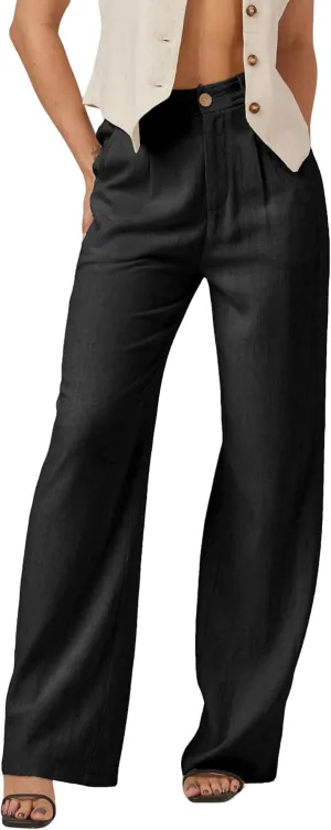 Yehopere Women's Linen Pants Summer Dressy Boho Wide Leg Flowy Straight Leg Trouser Beach Travel Vacation Outfits