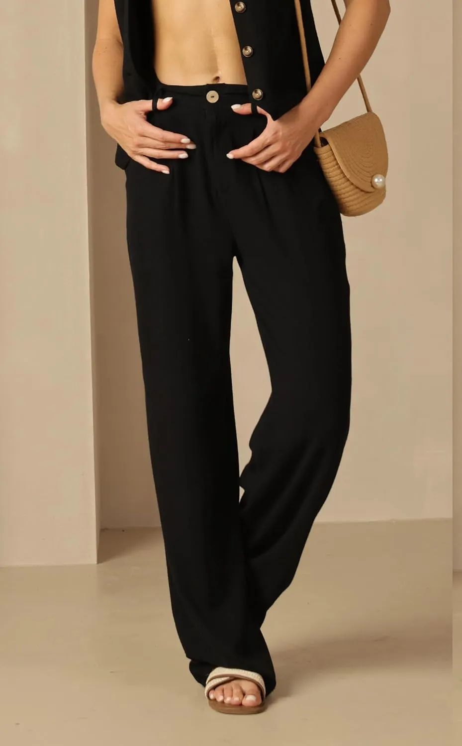 Yehopere Women's Linen Pants Summer Dressy Boho Wide Leg Flowy Straight Leg Trouser Beach Travel Vacation Outfits