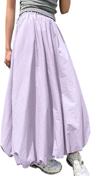 Yimoon Women Bubble Skirt Y2k High Waisted A-Line Long Skirt Ruffle Pleated Summer Casual Puff Midi Dress