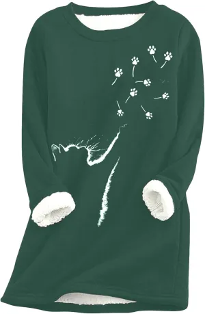 YMING Womens Sherpa Fleece Lined Pullover Winter Warm Crew Neck Sweatshirt Cute Cat Paw Tops Plus Size