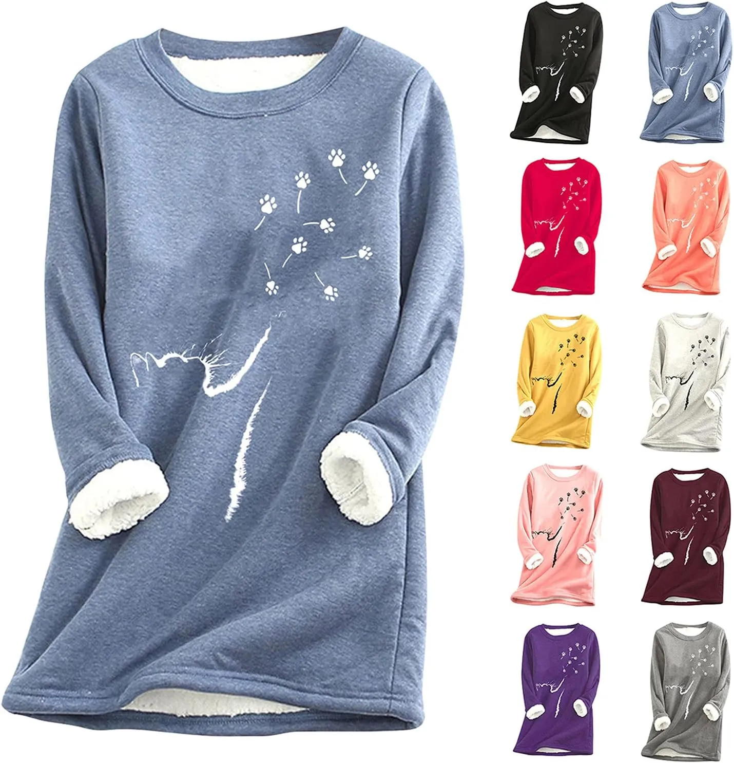 YMING Womens Sherpa Fleece Lined Pullover Winter Warm Crew Neck Sweatshirt Cute Cat Paw Tops Plus Size