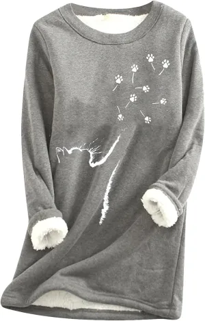YMING Womens Sherpa Fleece Lined Pullover Winter Warm Crew Neck Sweatshirt Cute Cat Paw Tops Plus Size