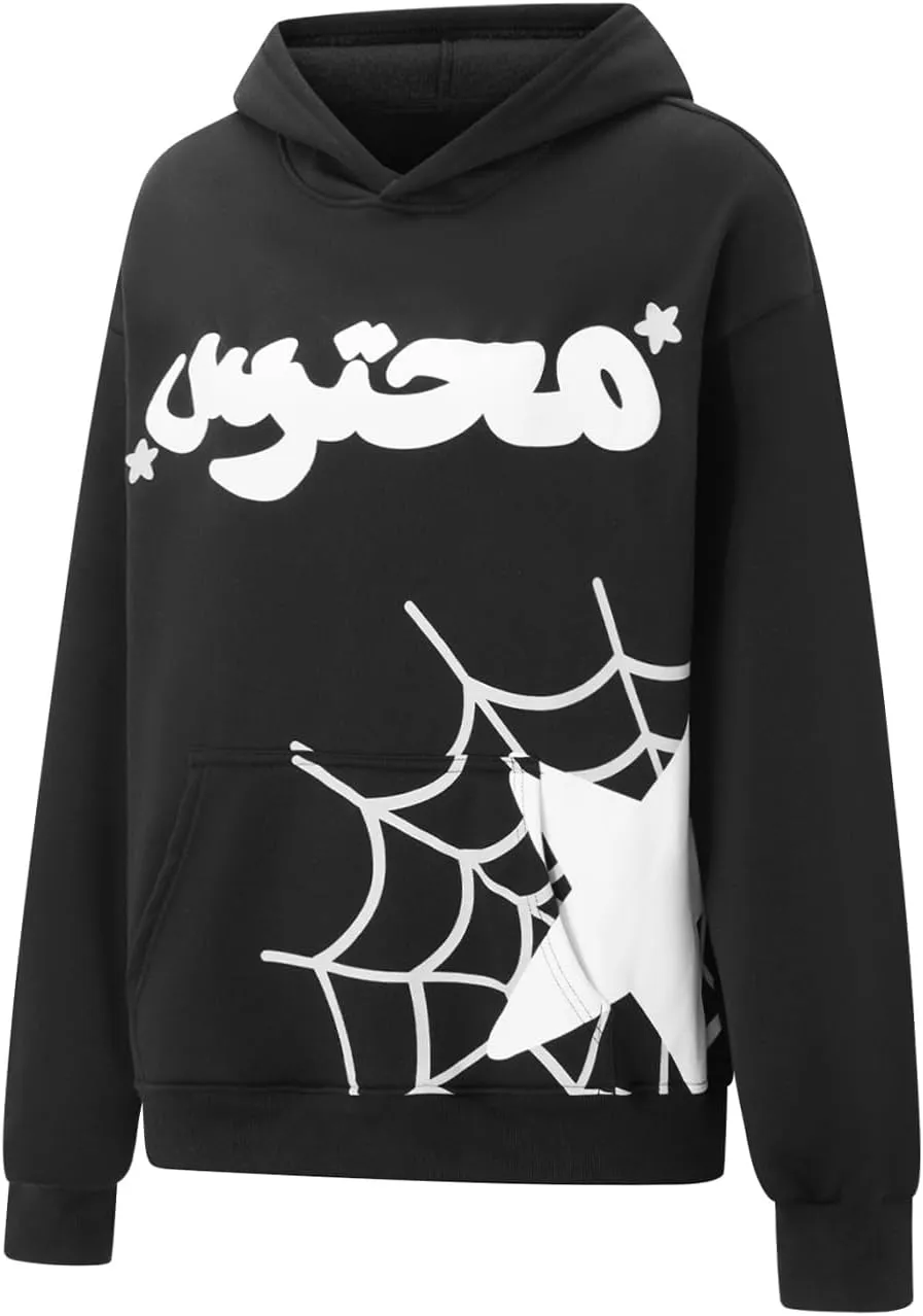 Yoawdats Spider Web Hoodie Sweatshirt Y2K Graphic Long Sleeve Punk Tops Men Women Harajuku Oversized Pullover Streetwear
