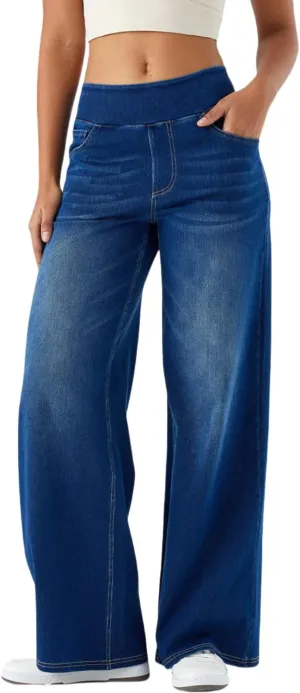 Yollmart Women Wide Leg Jeans Elastic High Waisted Pull On Baggy Denim Pants with Pocket