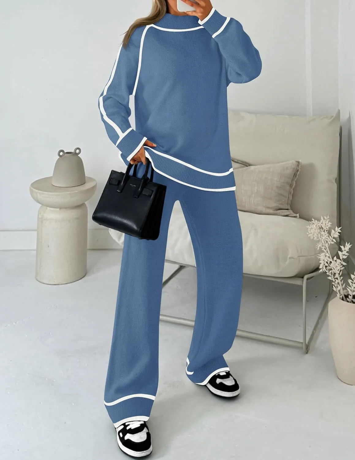 ZESICA Women's Two Piece Outfits Sweater Sets Long Sleeve Turtleneck Pullover Tops Wide Leg Pants Lounge Sets