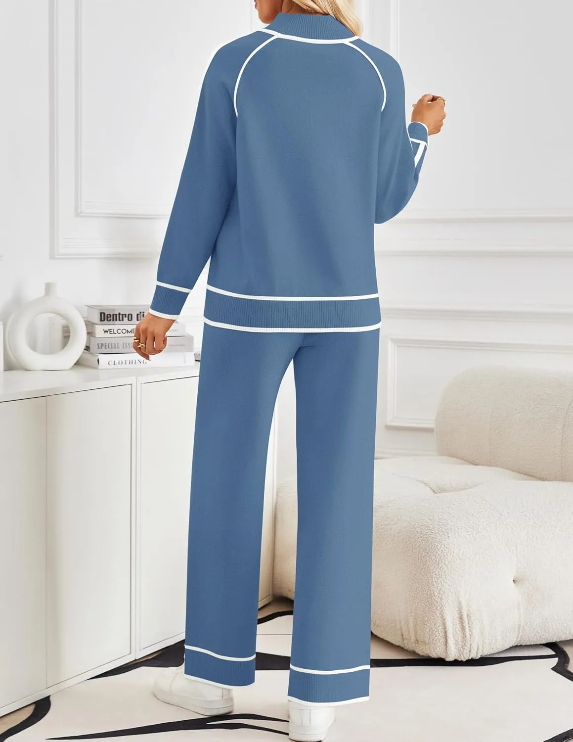 ZESICA Women's Two Piece Outfits Sweater Sets Long Sleeve Turtleneck Pullover Tops Wide Leg Pants Lounge Sets